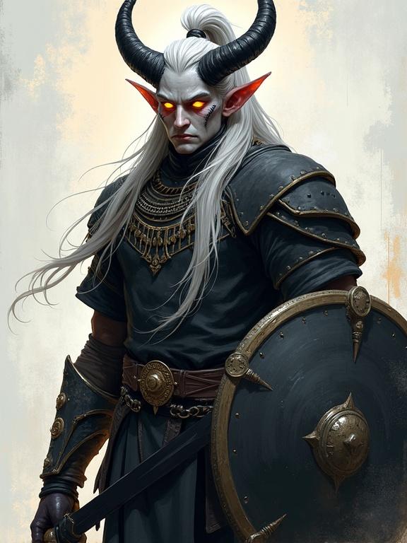 Character design of a tall male tiefling with ash-gray skin. Long silver hair tied in a ponytail. Black curved horns like a crown. Scars across sharp cheekbones. Wears chainmail shirt and plate pants. Holds a black longsword and a massive shield. Stylized portrait with painterly textures. Soft cel shading and non-photorealistic rendering.