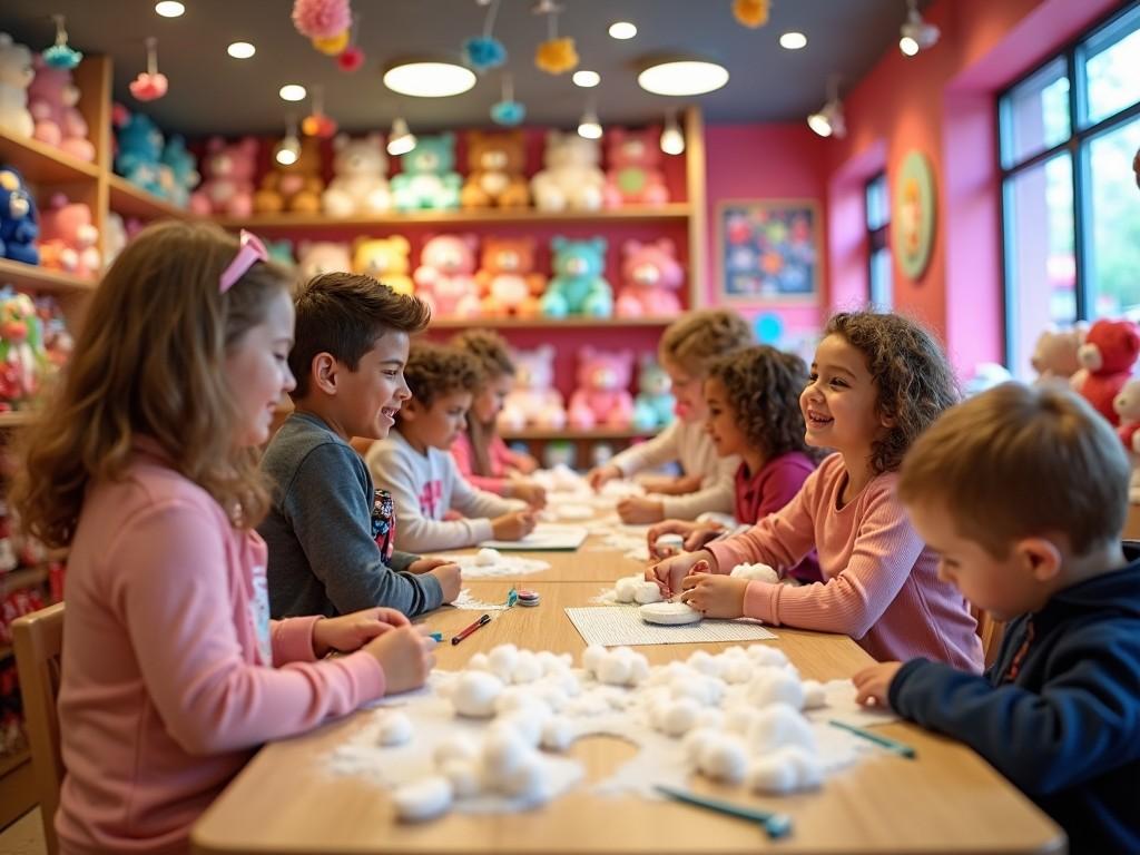 The image shows a group of children engaged in a crafting activity at a toy store. They are sitting around a table covered with fluffy cotton and craft materials. Some children are smiling and chatting while others focus intently on their projects. The background is filled with colorful stuffed animals, creating a vibrant and cheerful setting. The atmosphere is lively and inviting, showcasing a fun and creative experience for the kids.