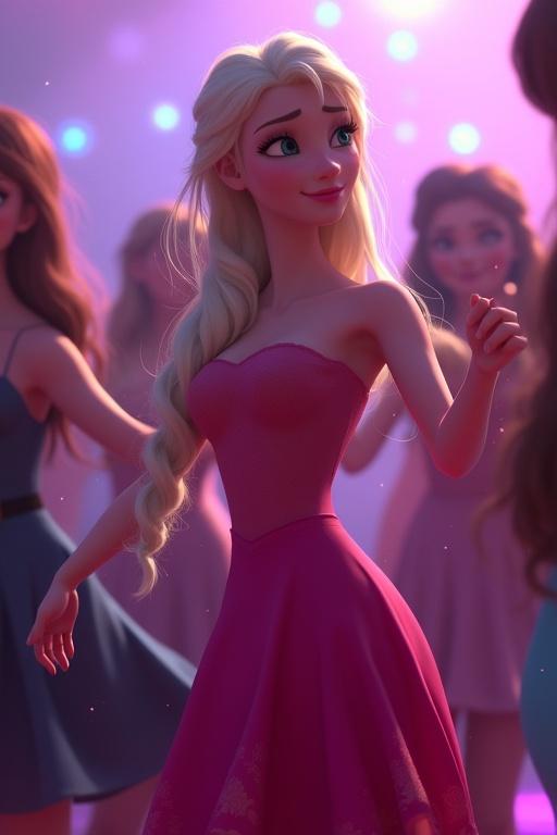 Animated woman based on Elsa with long hair styled in side pigtails. Dressed in a pink dress. She dances among women in a disco setting.