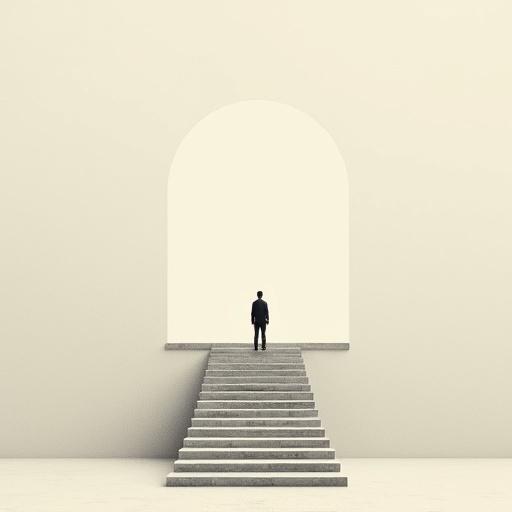 Minimalist human figure stands at the top of an abruptly ending staircase. Surreal illustration style with oversized objects and vast negative space. Clean background and elegant composition with a modern artistic tone. Subtle grain texture enhances the visual appeal.