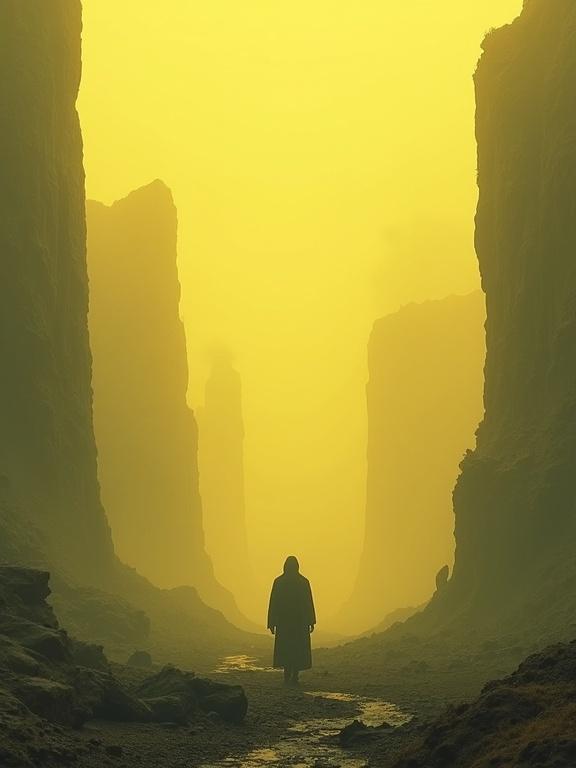 A solitary figure stands in a dreamlike setting. Surrounding cliffs rise steeply on both sides. Sky glows in yellow hues. Mist and fog create a mysterious environment. Emphasis on a haunting, otherworldly mood.