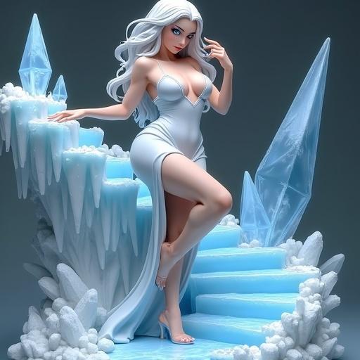 Collectible resin figurine of an ice enchantress ascending an icy staircase. Character with long white hair and icy-blue eyes in a seductive pose. Wears a shimmering white dress with a high leg slit. One heel on a higher step; other foot moving. One hand on a railing; other conjuring ice shards. Base with crystals and ice structures. Designed for high-end printing.