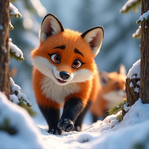 3D HD digital rendering of a rust-colored fox cub with warm brown eyes in a snowy forest. The cub moves between snow-laden trees and pushes through low pine branches. Another cub is slightly blurred behind a log.