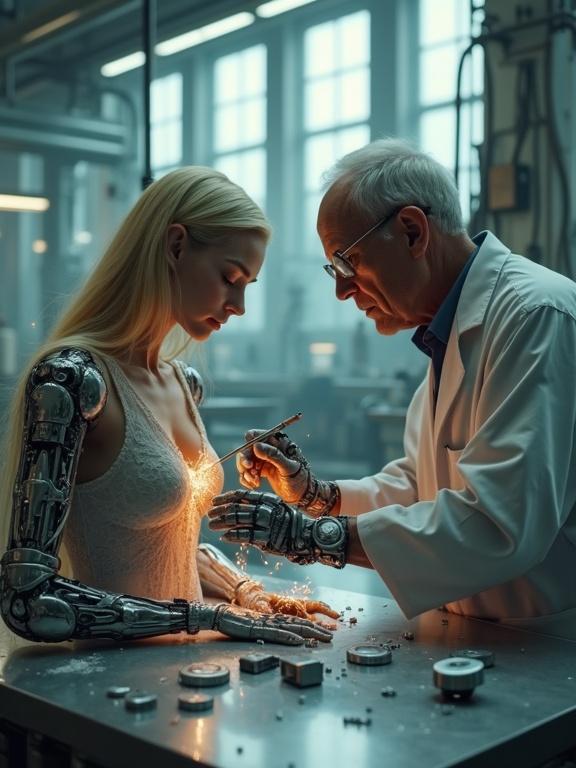 Hyper-realistic cinematic scene of an android on a steel table in a high-tech cybernetic laboratory. Android has long blonde hair and porcelain skin, wearing a silver-gray lace dress. Mechanical arm is exposed with shiny chrome and intricate details. Elderly technician with magnifying glasses repairs chest with precision tools. Sparks flying at contact. Background features futuristic machinery and ambient light from industrial windows. Calm atmosphere with quiet tension between creator and creation.