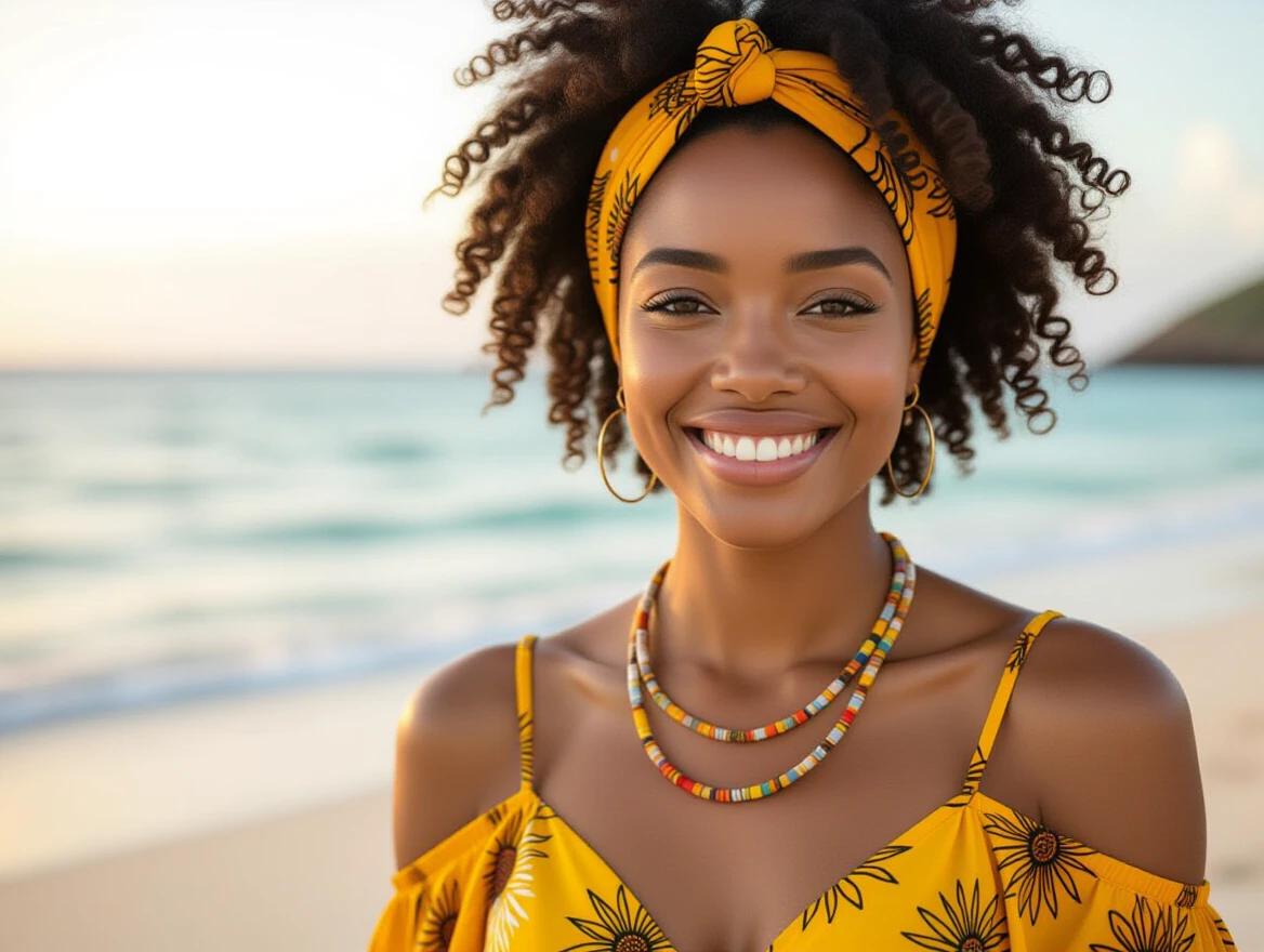 A woman with curly hair wearing a colorful headband and summer attire smiles at the camera in a beach setting. The background features the ocean and shoreline, capturing a joyful summer atmosphere.