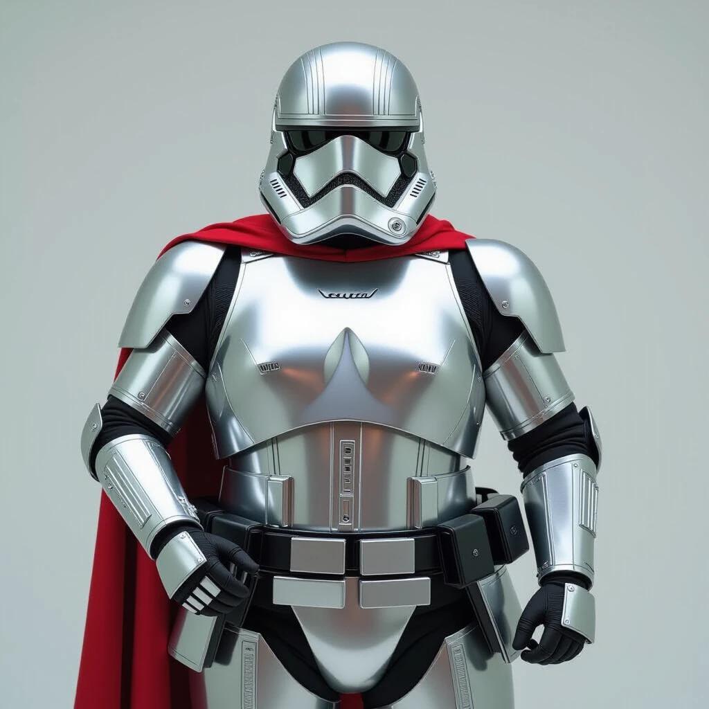 Captain Phasma character from Star Wars in shiny metallic armor. Poses confidently with a red cape. Armor wraps around a full figure. Full-body image.