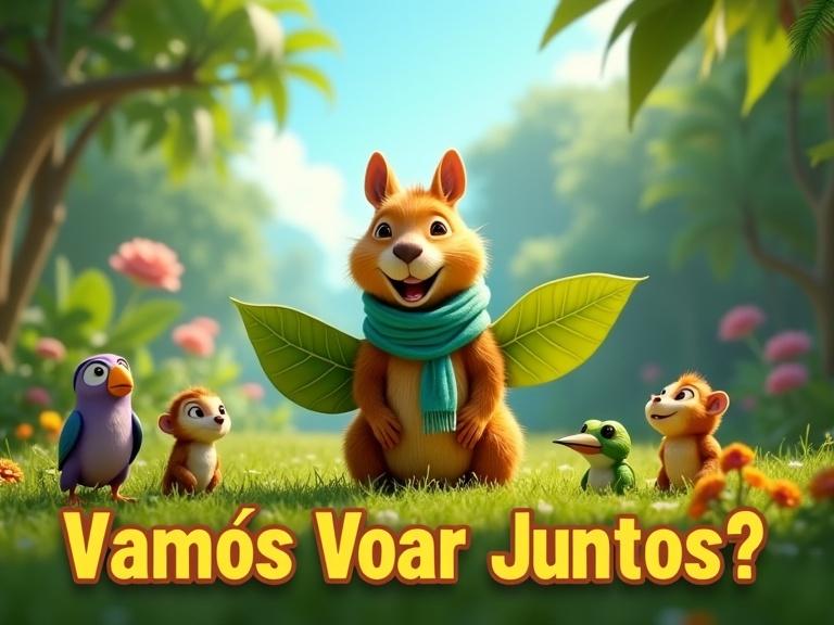 A cheerful capybara teaches baby jungle animals to build wings. Golden-brown capybara has a teal scarf. Nearby are small monkey, toucan chick, frog, and armadillo pup. Owl and hummingbird watch from a branch. Bright jungle setting with colorful flowers. Text asks, 'Vamos Voar Juntos?'. Cartoon style, 16:9 aspect ratio.