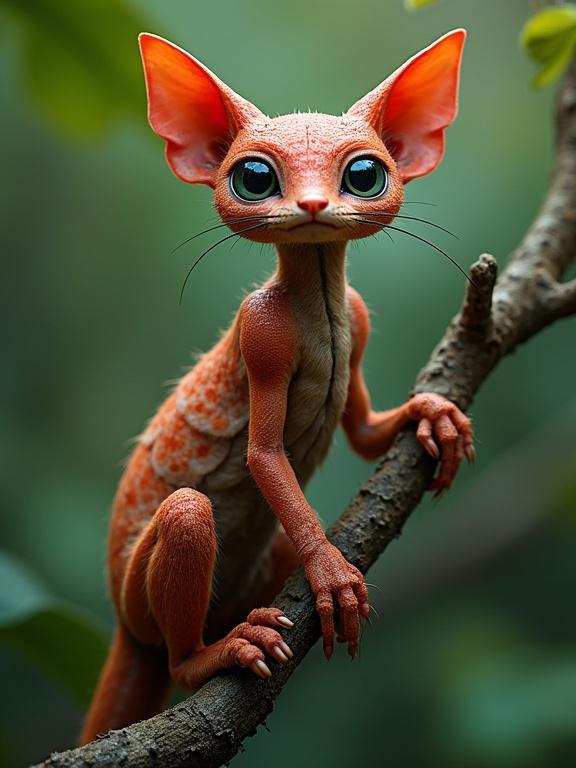 Highly detailed hybrid creature with cat and stick insect features. Majestic fusion with smooth fur and layered skin. Beautiful eyes shine with intelligence. Perched on a branch in rich scenery. Hyper-realistic style with sharp focus.