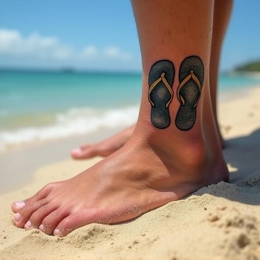 Male foot on sandy beach with tattoo resembling Havaianas flip-flops.