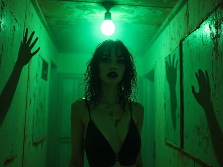 Cinematic hyper-realistic scene with toxic green neon. Young woman with tangled hair stands in a decaying mirror-filled room. Green light spills from ceiling bulb creating shadows on mold-covered walls. Reflections warp with one laughing and another weeping. Outside, dystopian city pulses with fog. Ultra-detailed textures like sweat and dust motes. Style blends cyberpunk gloom and surreal horror. 4K resolution with film grain.