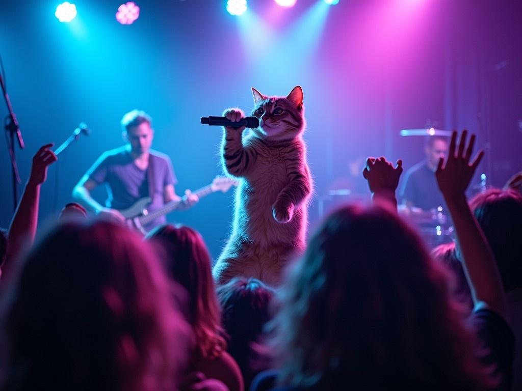 This whimsical image features a cat passionately holding a microphone as it performs in front of an animated crowd. The scene captures the energy of a live concert, with vibrant lights in shades of pink and blue illuminating the stage. The focus on the cat adds a humorous twist, creating a fantasy-like moment where animals take on human roles.