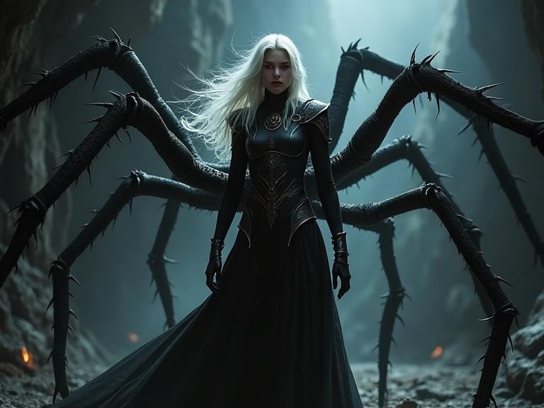 A dynamic and dramatic female Drider character stands powerfully in a dark cavern. The character features flowing white hair and glowing red eyes. She wears dark elf-style plate armor and has a colossal headless black widow spider body with sharp, chitinous legs. The background is filled with webs, creating a strong foreboding atmosphere with intricate details and realistic textures.
