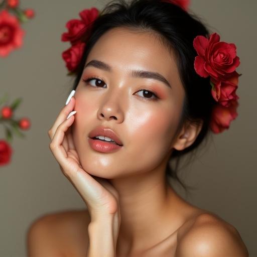 A serene woman holds face wash cream. Flowers adorn her hair. Soft lighting enhances elegance. Background features subtle floral elements. She gently touches the product to her head.