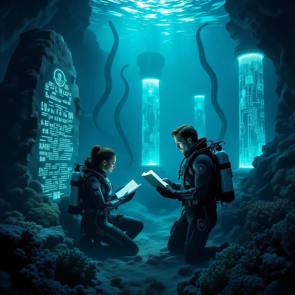Divers decrypt alien codes underwater. Advanced dive suits worn by characters. They examine glowing glyphs on monolith. Tentacles loom in the background with alien pillars. Sci-fi underwater environment creates suspenseful atmosphere.