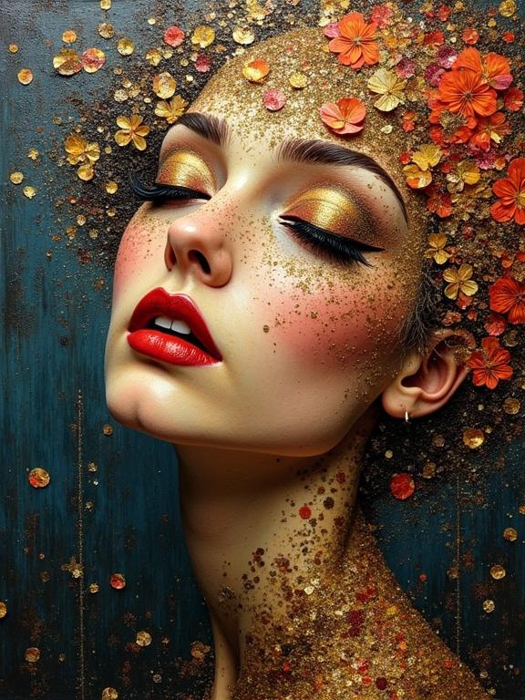 Klimt inspired artwork showcasing a woman's face with floral decorations and glitter. Mixed media elements blend textures and colors. High resolution and multilayered composition with a captivating feel.