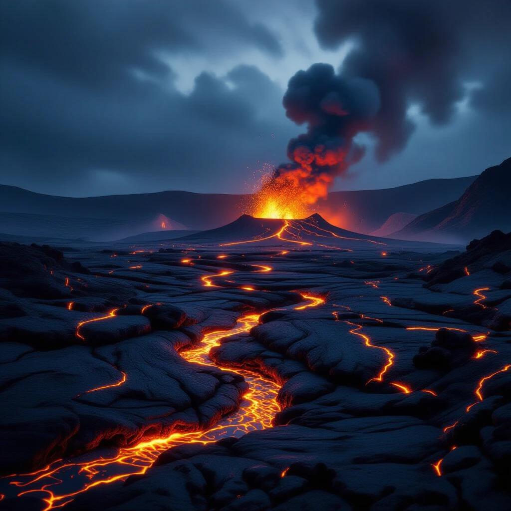 A volcanic landscape featuring flowing molten lava. Dark stormy clouds loom in the sky above. The scene is hyper-realistic and cinematic in style. The image displays stunning detail in 8K resolution.