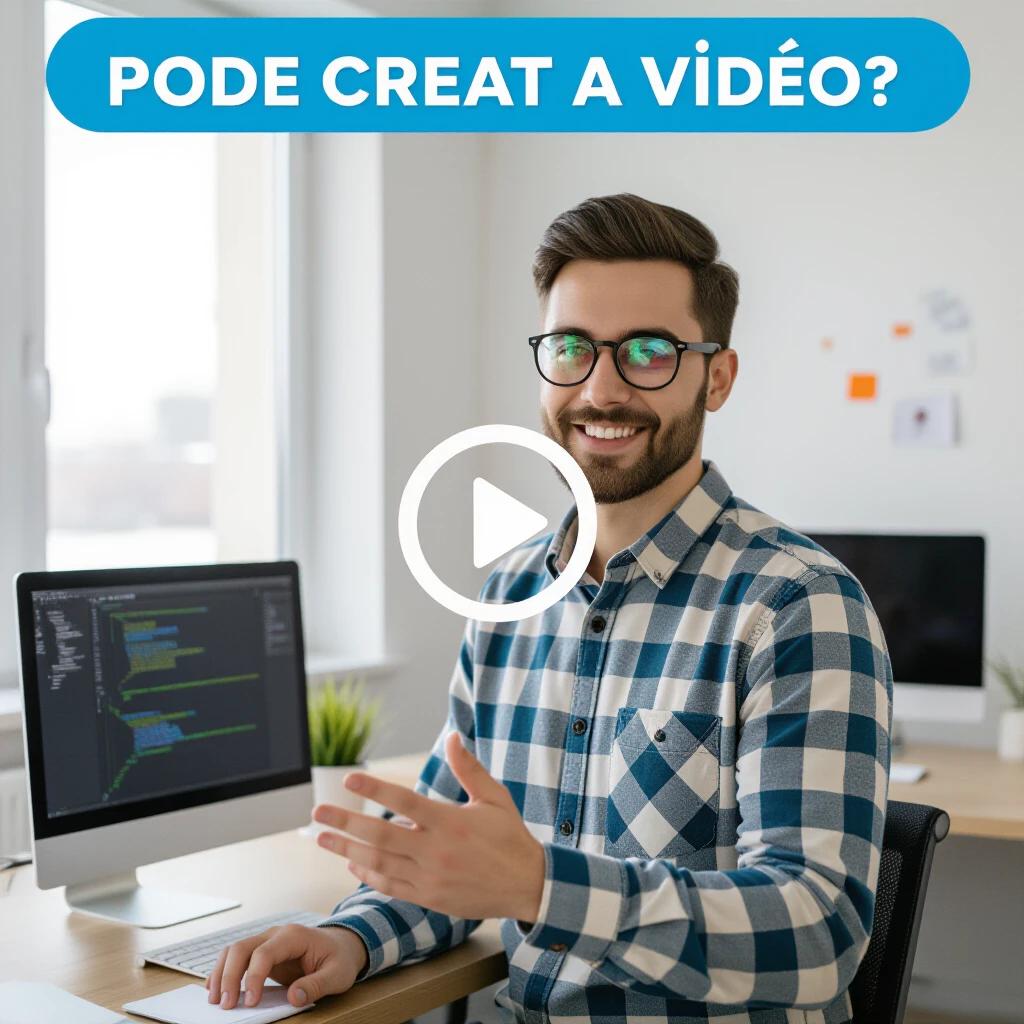 Person smiling and asking if they can create a video. Modern workspace with computers. Professional attire. Friendly atmosphere.