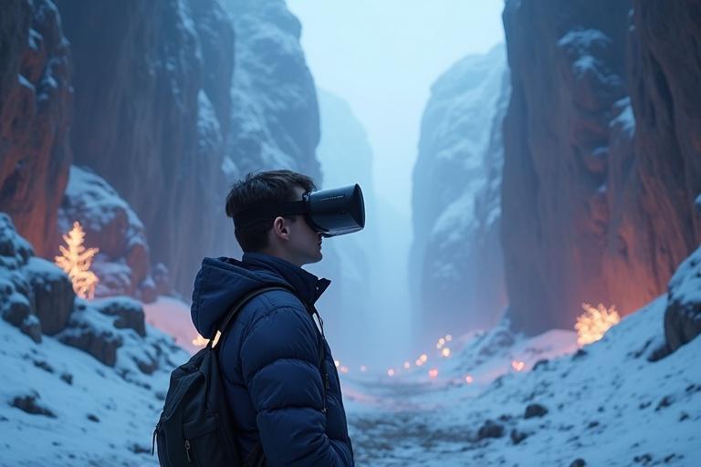 Fantasy landscape with a person wearing VR goggles. Narrow canyon with glowing elements and snow. Individual interacts with the environment.