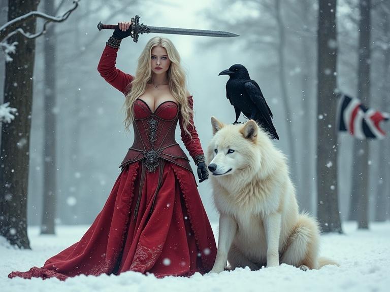A strong woman stands in a snowy forest. She has blonde hair and blue eyes. She wears red armor over a flowing red dress. She holds a sword high above her head. Beside her sits a large white wolf. A black raven perches on the wolf's head. The scene features falling snow and a gray sky. A flag with black, white, and red stripes can be seen in the background. The atmosphere blends tranquility with strength.