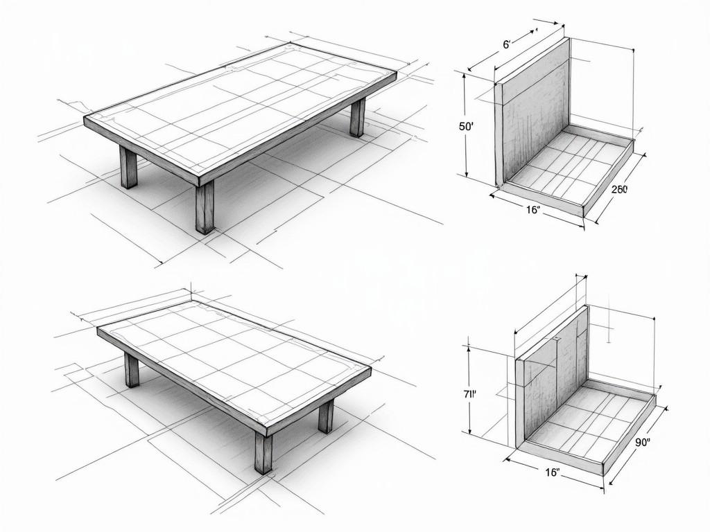 Convert this 3D model into a sectional drawing. Use varied line weights to show depth, with thicker lines for objects closer to the viewer and thinner lines for those further away. Highlight the details of the tables and cylindrical sections with precise line work. Ensure the walls and structural elements are clearly defined with appropriate hatch patterns. Maintain clear separation between different planes to enhance the sense of depth and spatial arrangement.