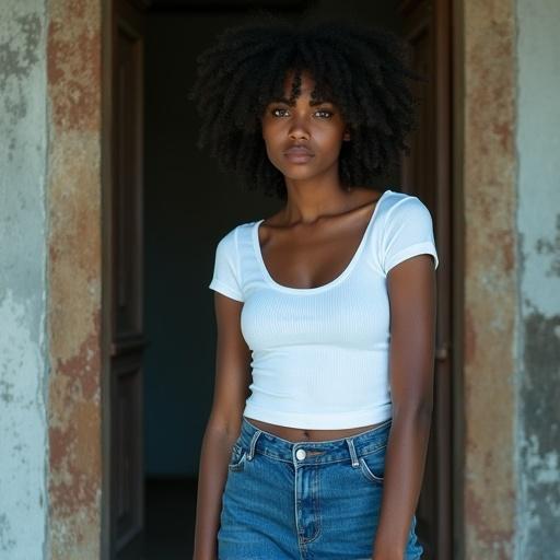 Una chica con pelo negro y castaño y ojos azules. Lleva una camiseta corta blanca y un pantalón vaquero azul. Su mirada transmite una actitud desafiante.