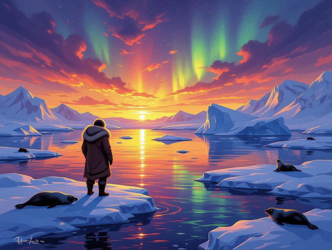Dramatic oil painting of an explorer on an ice floe in arctic waters. Massive icebergs in the distance with aurora borealis in the sky. Sky filled with vibrant golden yellows oranges magenta and purple clouds. Spectacular reflections on dark polar waters. Seals resting on nearby ice and polar bears in the distance. Wet ice surfaces gleaming in sunset colors. Heroic silhouette against frozen wilderness. Painterly style with impressionistic brushwork.