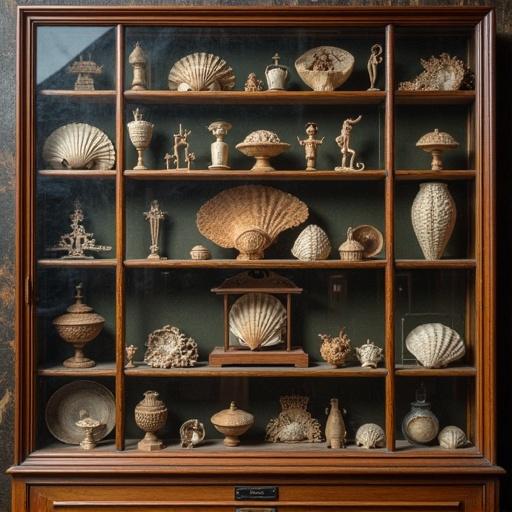 A display case filled with unusual objects including rare artifacts and seashells. The items are meticulously arranged. Looks like a traditional wunderkammer. Square format.