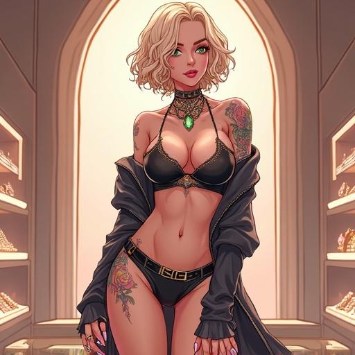 Anime illustration of a 67 year old woman in a luxurious jewelry shop. Features include elegant light blonde curly hair, emerald green eyes, and wearing a sexy outfit with jewelry. Surrounded by beautiful tattoos and accessories.