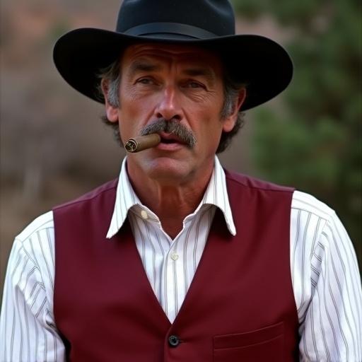 A man in a black western derby hat. Wears a white dress shirt with thin grey pinstripes unbuttoned at the top. He has on a royal red vest and is smoking a cigar. The background is blurred, focusing on the man and his attire.