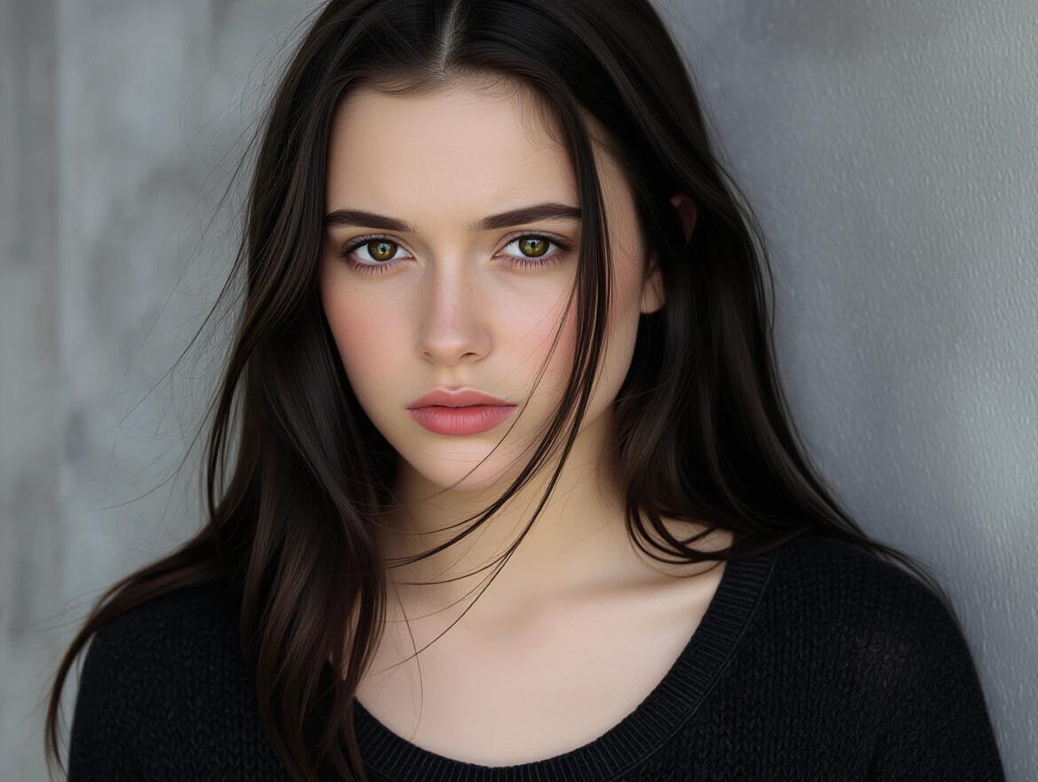 Sad girl in dark clothing with a gloomy expression. Background has a textured surface. Hair is long and tousled. Ideal for portrayals of emotional themes.