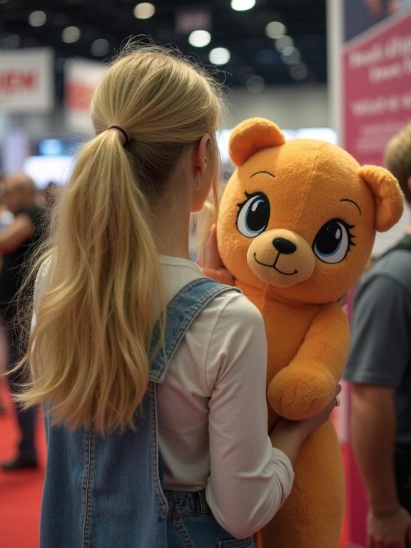 A beautiful blonde woman is holding a plush toy at a convention. View from behind. The woman has long hair and wears a denim outfit.