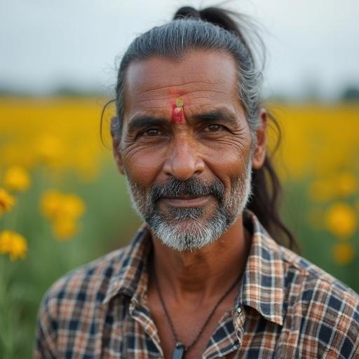 Headshot of a middle-aged Indian man in a field of flowers. He has grey hair and is 190lbs, 5.3 feet tall. Dressed in a printed collar checked top. Hair is in a high ponytail. No traditional jewelry or bindi. Looks Western with Indian origin.