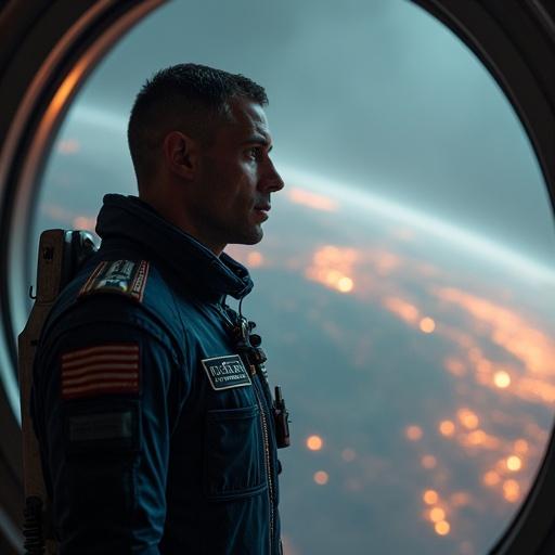 Close-up of an astronaut in a high-tech uniform inside a bridge. Panoramic window shows Earth shrouded in smog. Warm orange light contrasts with cold-toned interior. Dramatic side lighting highlights face.