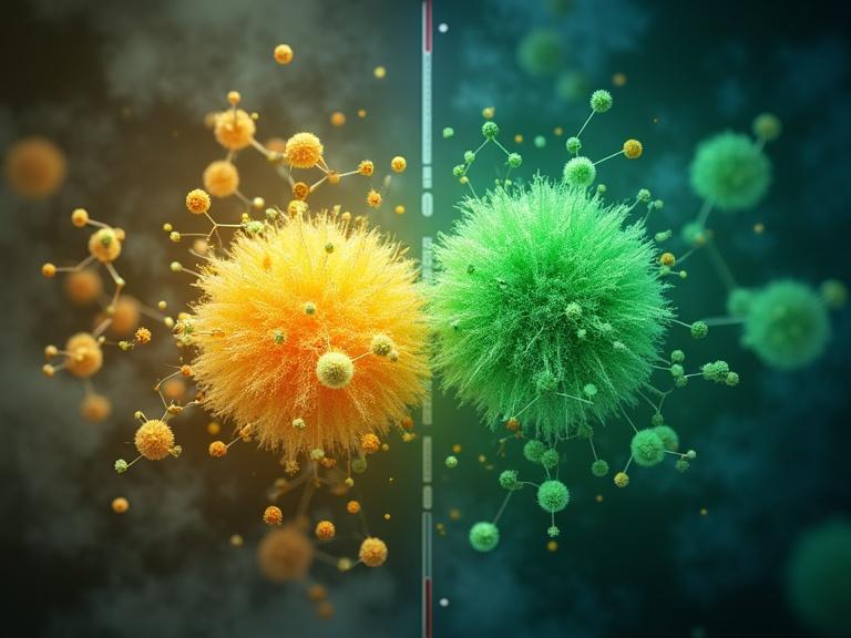 Illustration shows dimethyl-4,7-di(2-thienyl)-2,1,3-benzothiadiazole-5,6-dicarboxylate molecules in two states: an amorphous yellow molecule and a crystalline green molecule. Temperature scale indicates conversion at 80 °C. Fluorescence illustrates switchable emission: yellow in amorphous and green in crystalline. Thiophene groups rotate to show isomerization, and subtle hydrogen bond networks appear in the crystalline phase. Background splits into soft clouds for amorphous and sharp geometry for crystalline. Layout is vibrant and clean for a chemistry journal cover.