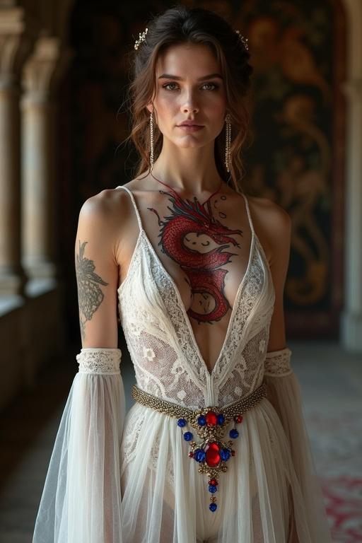 Noble woman from Middle Ages of England. Elegantly dressed in luxurious shear gown of lace. Deep V-neck revealing intricate red dragon tattoo. Tattoo below collarbone and throat. Under gown intricate lace swimwear in bright red and royal blue gems. Dimly lit medieval hall with stone walls and tapestries. Expression of strength and mystery.