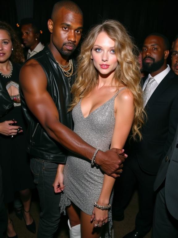 18 year old Taylor Swift and Kanye West at an after party after an awards show. Taylor Swift has long golden blonde curly hair styled in her Fearless Era. She is wearing a sparkly silver dress and white cowboy boots. Kanye West is in a black leather vest. They are close together with Taylor looking at the viewer. Other people are in the background. The scene is a full body shot at a side angle.