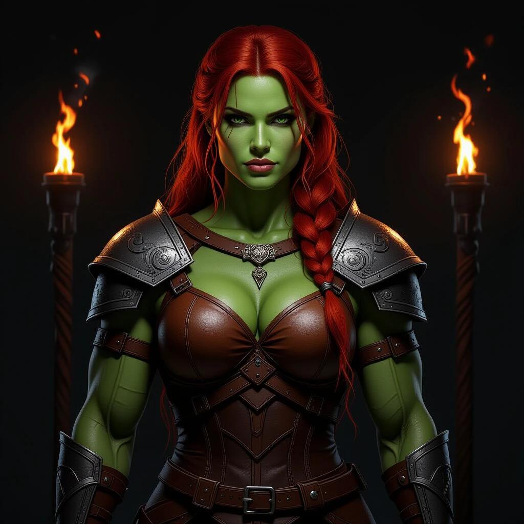 A muscular woman with red hair stands confidently. She wears light leather armor highlighting her huge muscles. The character has green skin. The background is black with two burning torches illuminating her. She exudes strength and determination.