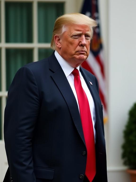 Donald Trump standing outside the White House. The setting is characterized by the iconic structure in the background. Attire includes a navy suit and a bright red tie. Natural lighting illuminates the scene while showcasing the U.S. flag softly blurred behind him.