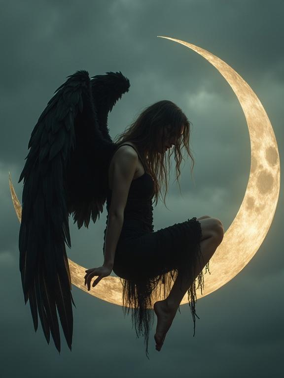 Fallen angel with black feathered wings sits on a glowing crescent moon. Surrounding is a stormy night sky. She wears a tattered black dress. Her posture is somber and introspective.