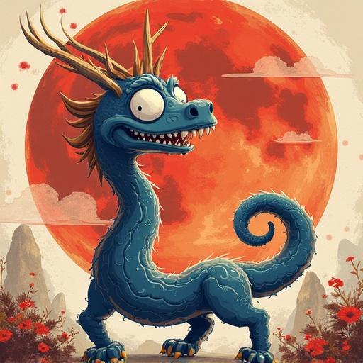 Create an illustration of a dragon with a playful design inspired by fantasy art. The dragon should have bright colors and exaggerated features, posed in front of a large red moon with mountains and flowers in the background. Make it whimsical and appealing, suitable for a children's story or as a decorative art piece.