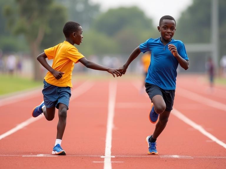 A sequence of two photographs showing Nigerian primary school children exchanging a baton on a red track. One child runs with arm extended backward while another approaches. The baton is handed off without visual contact. This illustrates a non-visual exchange technique.