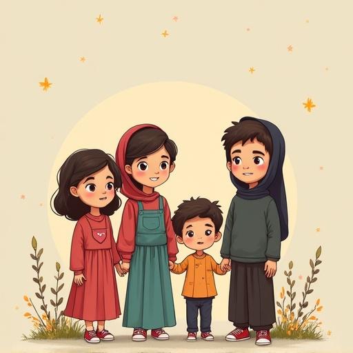 A family illustration of a father, mother, and three children holding hands in a warm, inviting design. The father is named Ahmed, the mother is Marwa, and the children are Layan, Nouran, and Ali. The scene is whimsical with pastel colors and gentle details.
