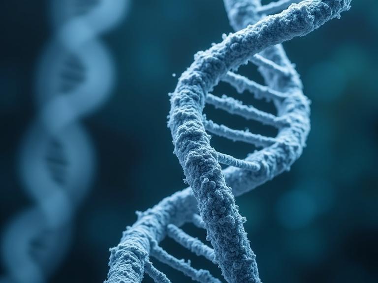 A close-up of strands of DNA in a double-helix form. The number 57 is incorporated into the design. The image features detailed textures and soft blue lighting.