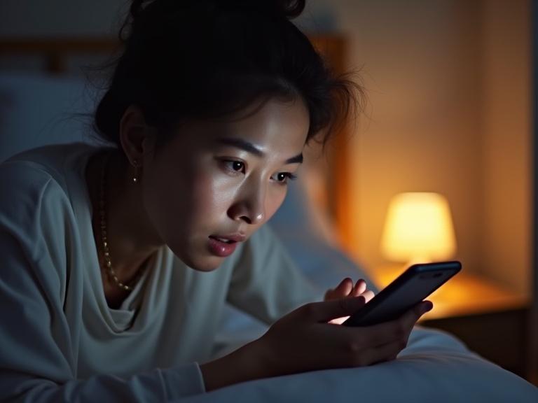 Person lies in bed looking at smartphone screen while lamp glows softly.