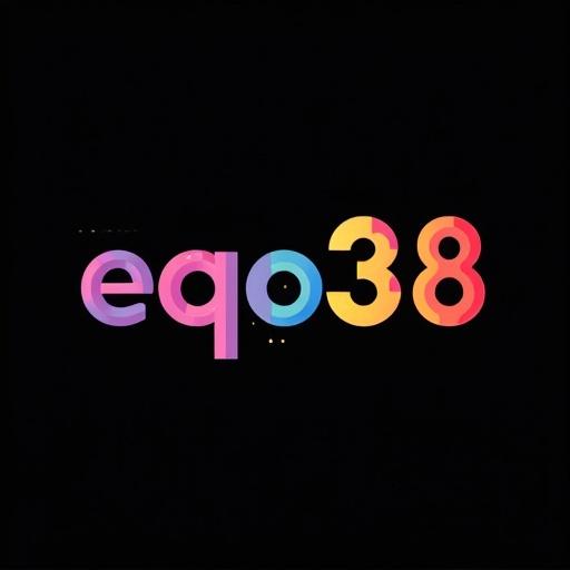 A logo designed with the letters 'eqo38' featuring thick letters and diagonal lines. The letters are filled with rainbow colors on a black background.