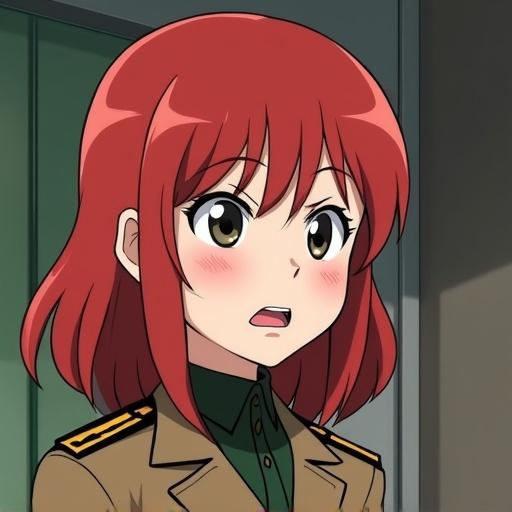 Anime style female soldier with red medium hair and parted bangs showing surprise and anger while wearing a military uniform.