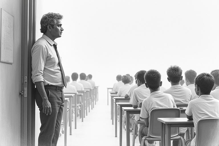 A highly detailed monochrome pencil sketch depicts an Indian male in his mid-30s standing at a classroom doorway. He has neatly combed salt-and-pepper hair and a stern gaze. The figure is poised with arms relaxed at his side. The students sit at their desks in the background, blurred to emphasize the teacher's observation. The composition follows the rule of thirds with the male figure on the left. The perspective is a medium shot from a slightly low angle to highlight authority. The lighting effects create gentle shadows across the doorway. High contrast and smooth shading depict the figure in ultra-high resolution without any cartoon elements.