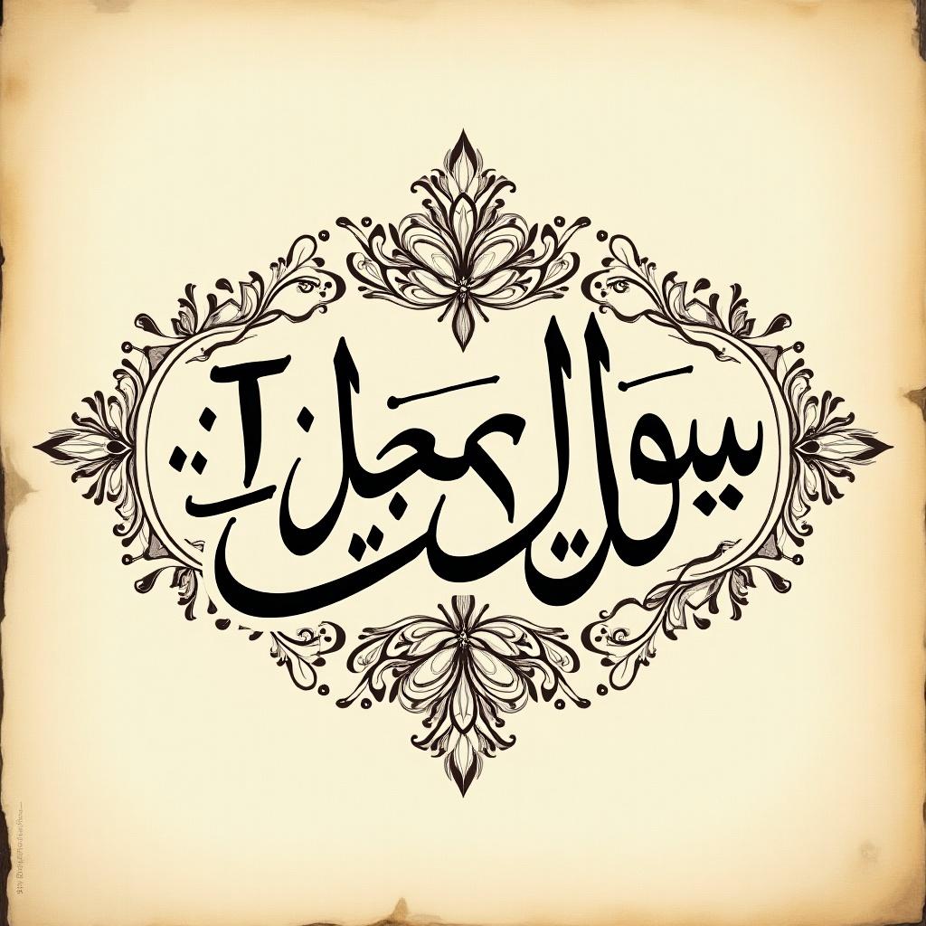 Background is beige with a vintage look. Centered black ornate design contains the Arabic phrase for I love you. Decorative floral and spiraling elements surround the text. Aimed at creating a romantic and cultural artistic expression.