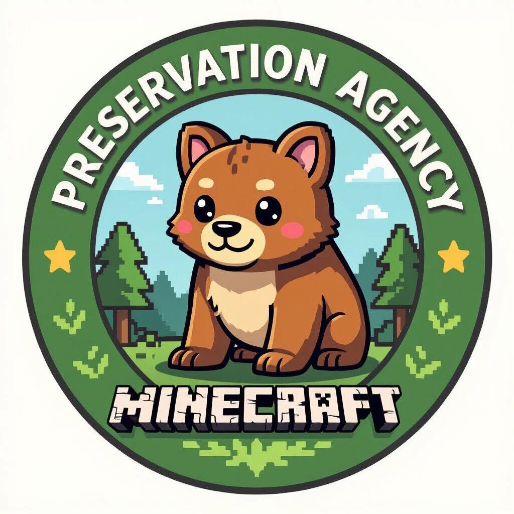 Create a circular logo. It features a cute cartoon dog. Show landscape elements like trees and sky. The logo includes the text 'PRESERVATION AGENCY' on top and 'MINECRAFT' at the bottom.
