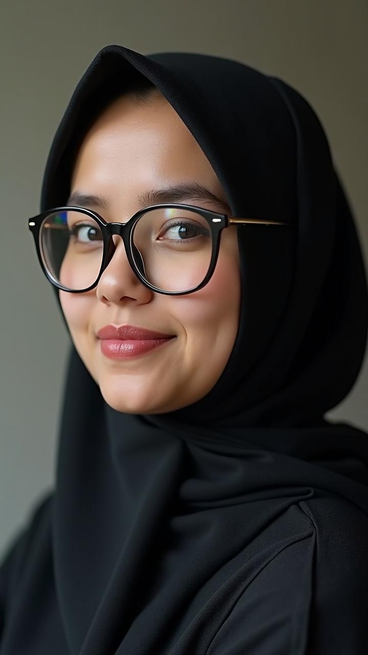 Portrait of a woman wearing glasses and a black hijab with a soft smile